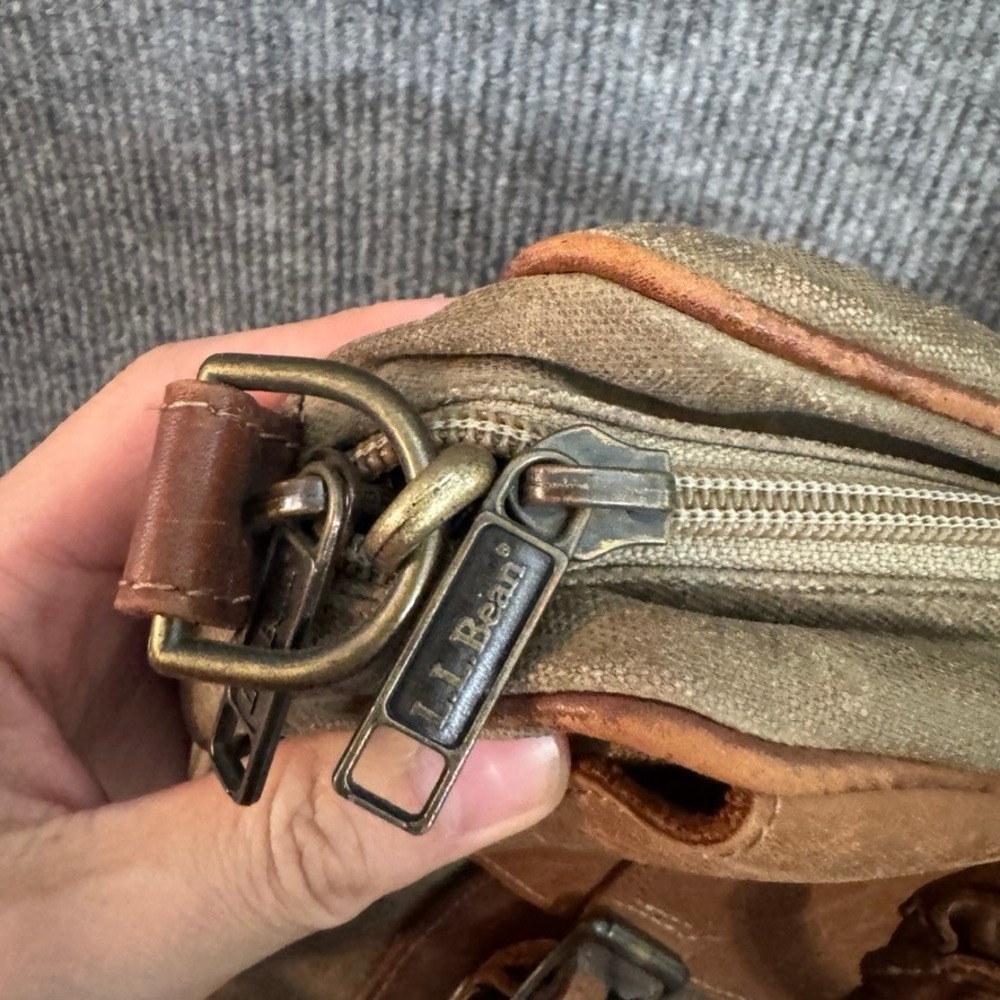 LL Bean Vintage Waxed Canvas Leather Briefcase Laptop Bag Olive Brown Satchel - Picture 13 of 16